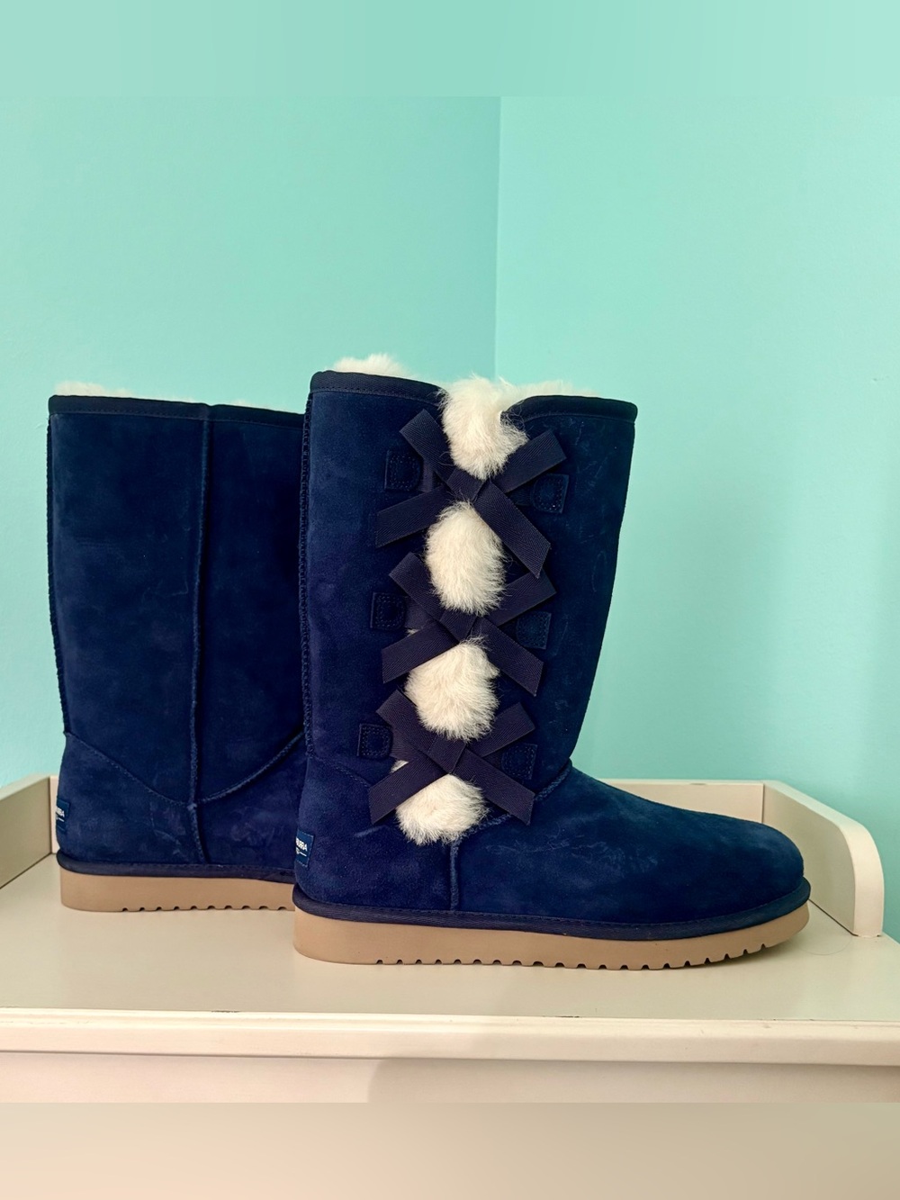 NWOB Kookaburra Tall Victoria Navy Suede Women’s Winter Boots with Faux Fur Trim